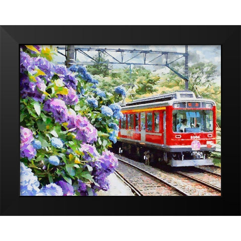 Red Train with Hydrangea Black Modern Wood Framed Art Print by Medeiros, Celito
