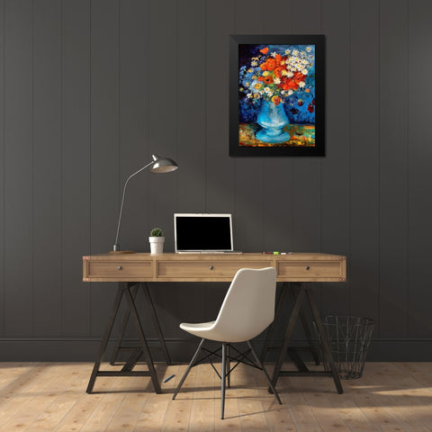 Vase with Flowers on blue Background Black Modern Wood Framed Art Print by Medeiros, Celito