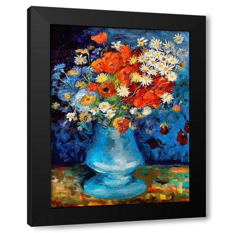 Vase with Flowers on blue Background Black Modern Wood Framed Art Print by Medeiros, Celito