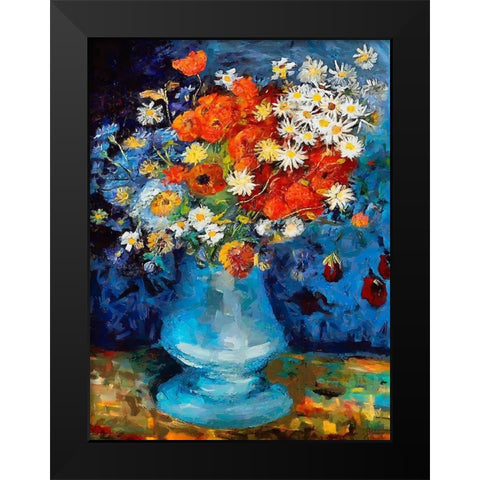 Vase with Flowers on blue Background Black Modern Wood Framed Art Print by Medeiros, Celito