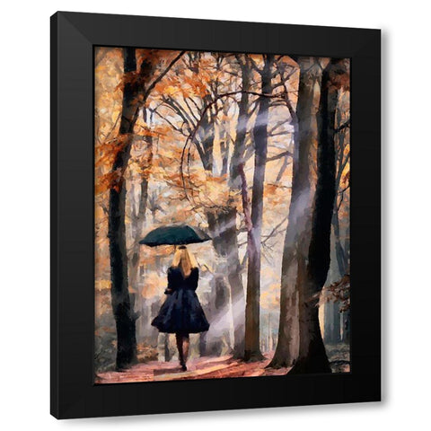 Lady with Black Umbrella Black Modern Wood Framed Art Print by Medeiros, Celito