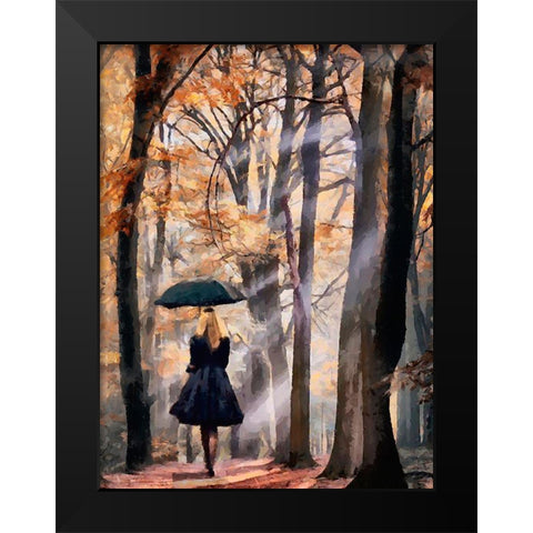 Lady with Black Umbrella Black Modern Wood Framed Art Print by Medeiros, Celito