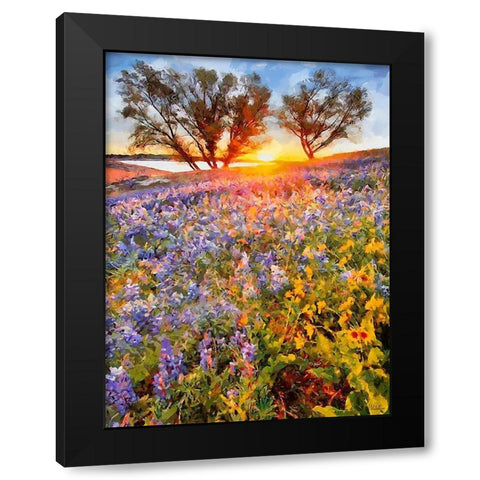 Sunrise over a Meadow with blue Flowers Black Modern Wood Framed Art Print with Double Matting by Medeiros, Celito