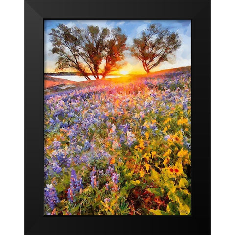 Sunrise over a Meadow with blue Flowers Black Modern Wood Framed Art Print by Medeiros, Celito