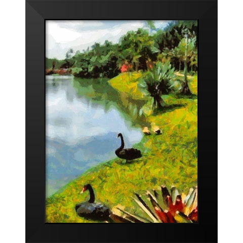 Black Swans by the Lake Black Modern Wood Framed Art Print by Medeiros, Celito