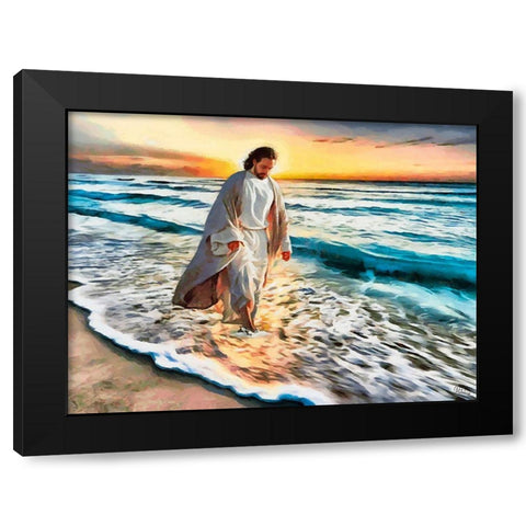 Jesus walking on the Beach Black Modern Wood Framed Art Print by Medeiros, Celito