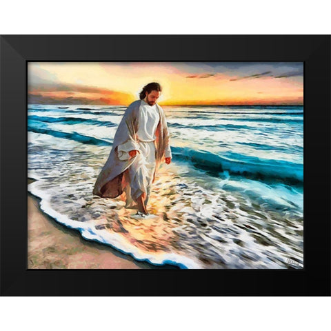 Jesus walking on the Beach Black Modern Wood Framed Art Print by Medeiros, Celito