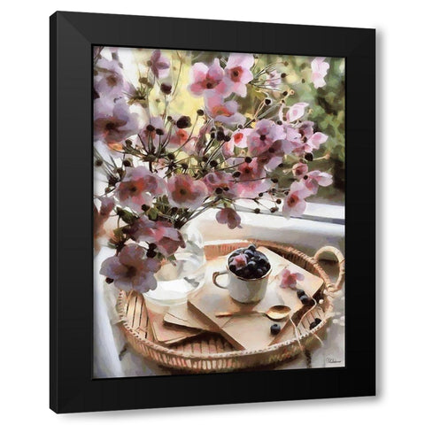 Pink Flowers with Blueberries Black Modern Wood Framed Art Print with Double Matting by Medeiros, Celito