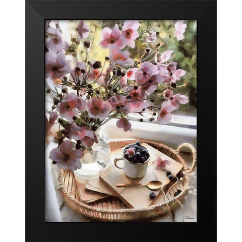 Pink Flowers with Blueberries Black Modern Wood Framed Art Print by Medeiros, Celito