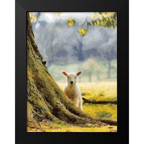 Sheep behind the Tree Black Modern Wood Framed Art Print by Medeiros, Celito
