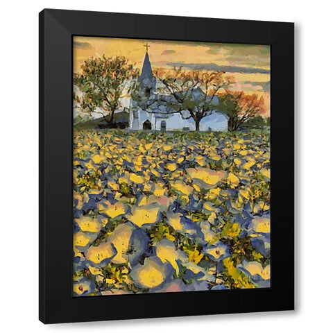 White Church behind a Filed with Flowers Black Modern Wood Framed Art Print with Double Matting by Medeiros, Celito