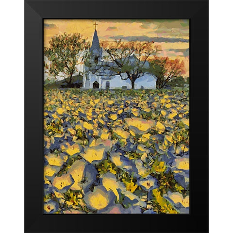 White Church behind a Filed with Flowers Black Modern Wood Framed Art Print by Medeiros, Celito