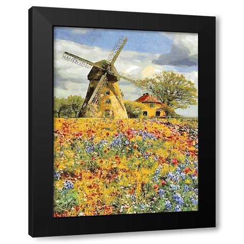 Windmill behind a Filed with Flowers Black Modern Wood Framed Art Print with Double Matting by Medeiros, Celito