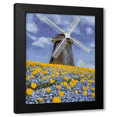 Windmill behind a Filed with Flowers Black Modern Wood Framed Art Print with Double Matting by Medeiros, Celito