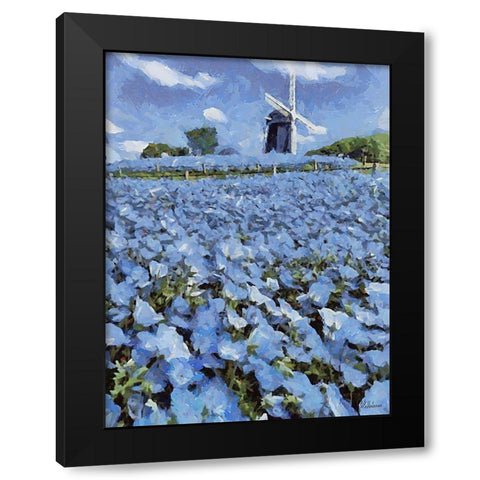 Windmill behind a Filed with Flowers Black Modern Wood Framed Art Print by Medeiros, Celito