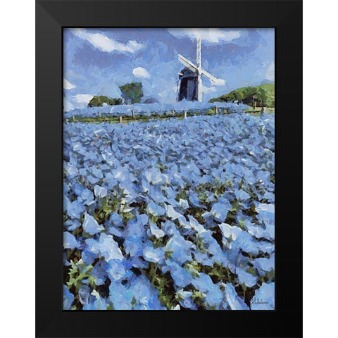 Windmill behind a Filed with Flowers Black Modern Wood Framed Art Print by Medeiros, Celito