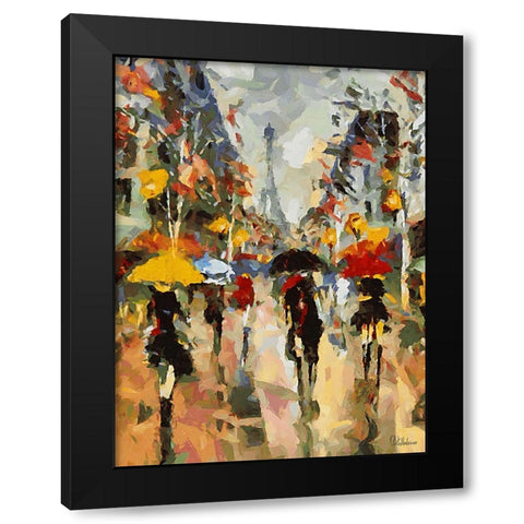 Girls in Paris with different Umbrellas Black Modern Wood Framed Art Print by Medeiros, Celito