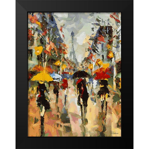 Girls in Paris with different Umbrellas Black Modern Wood Framed Art Print by Medeiros, Celito