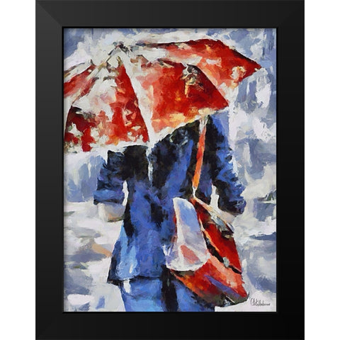 Girl With Red Umbrella and Red  Handbag Black Modern Wood Framed Art Print by Medeiros, Celito