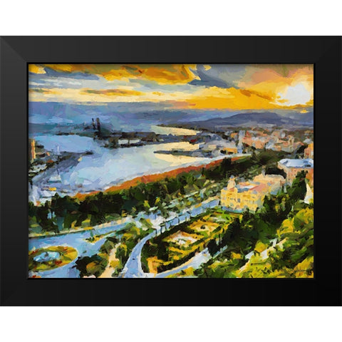 Sunset over the Town with River Black Modern Wood Framed Art Print by Medeiros, Celito