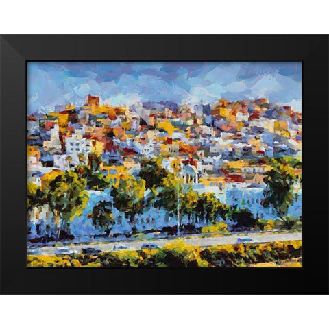 Town with colorful Roofs Black Modern Wood Framed Art Print by Medeiros, Celito