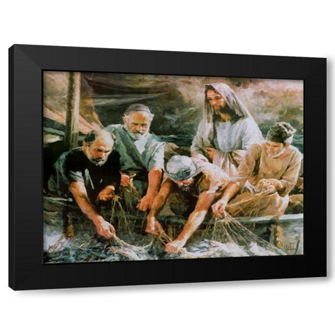 Jesus with Fishers Black Modern Wood Framed Art Print by Medeiros, Celito