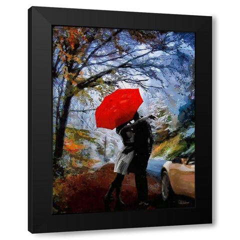 A Kiss under Red Umbrella Black Modern Wood Framed Art Print with Double Matting by Medeiros, Celito