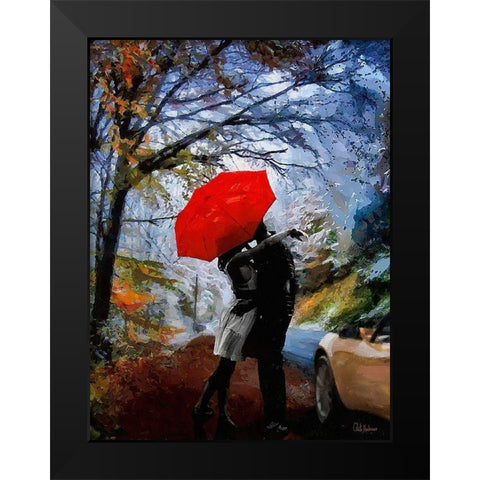 A Kiss under Red Umbrella Black Modern Wood Framed Art Print by Medeiros, Celito