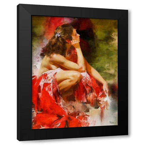 Dreaming Girl in Red Black Modern Wood Framed Art Print by Medeiros, Celito