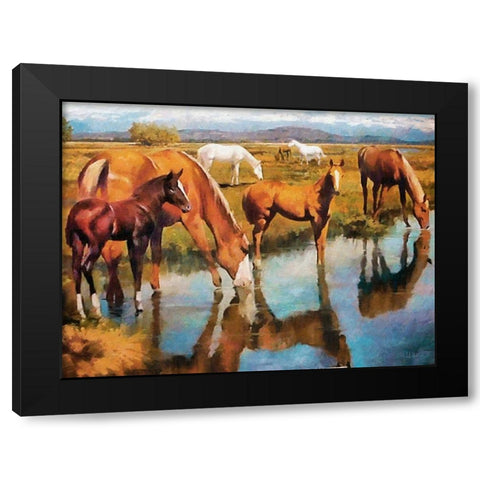Drinking Horses Black Modern Wood Framed Art Print by Medeiros, Celito