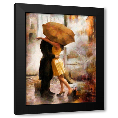 Kiss under brown Umbrella Black Modern Wood Framed Art Print with Double Matting by Medeiros, Celito