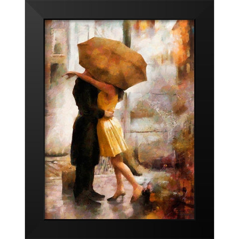 Kiss under brown Umbrella Black Modern Wood Framed Art Print by Medeiros, Celito