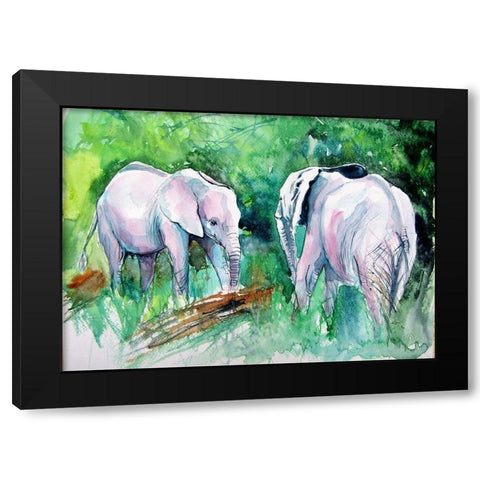 Elephants Meeting Black Modern Wood Framed Art Print by Kovacs, Anna Brigite