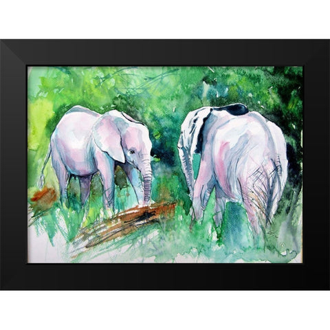 Elephants Meeting Black Modern Wood Framed Art Print by Kovacs, Anna Brigite
