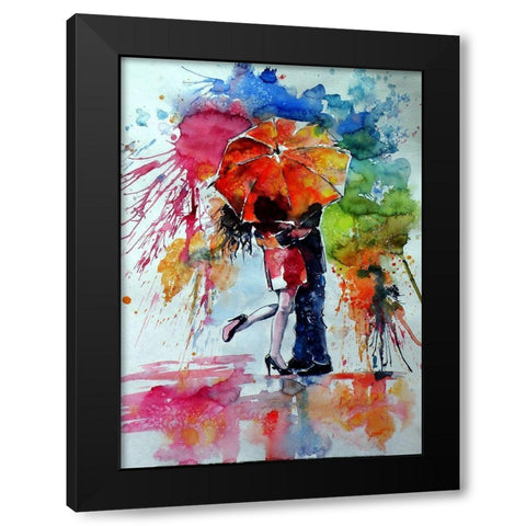 Kiss in the Rain Black Modern Wood Framed Art Print by Kovacs, Anna Brigite
