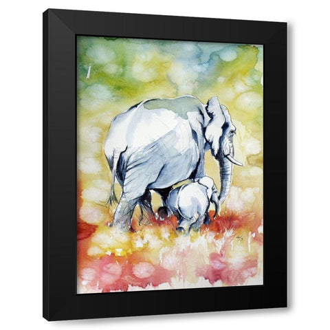 Elephant with Baby Black Modern Wood Framed Art Print by Kovacs, Anna Brigite