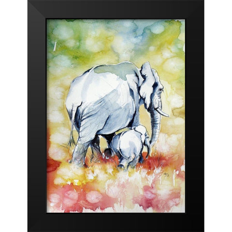 Elephant with Baby Black Modern Wood Framed Art Print by Kovacs, Anna Brigite