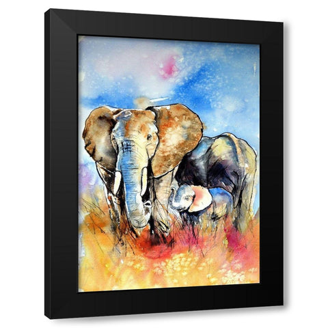 Elephant Family Black Modern Wood Framed Art Print with Double Matting by Kovacs, Anna Brigite