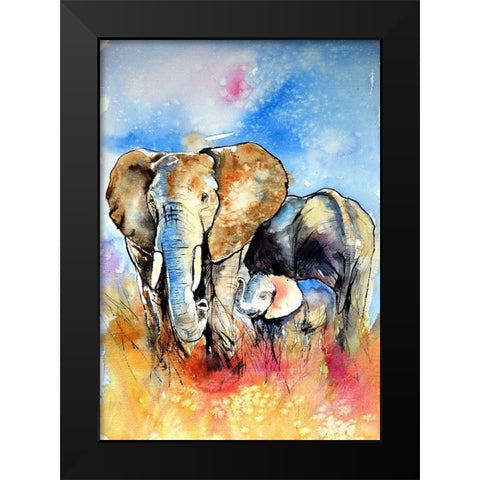 Elephant Family Black Modern Wood Framed Art Print by Kovacs, Anna Brigite