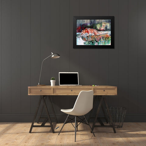 Tiger Drinking Black Modern Wood Framed Art Print by Kovacs, Anna Brigite