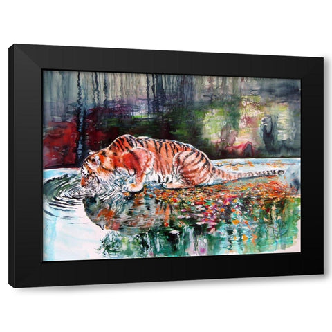Tiger Drinking Black Modern Wood Framed Art Print with Double Matting by Kovacs, Anna Brigite