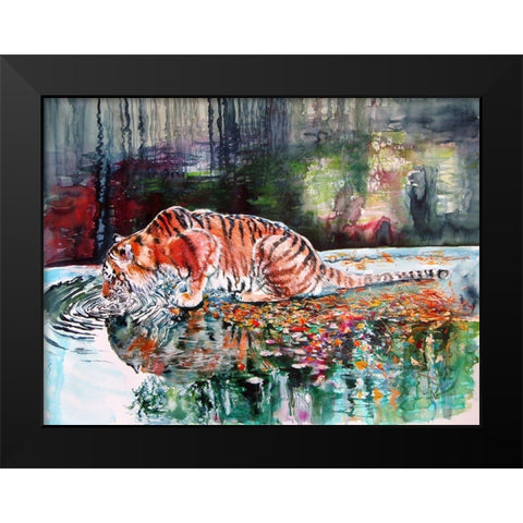 Tiger Drinking Black Modern Wood Framed Art Print by Kovacs, Anna Brigite