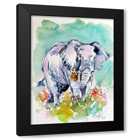 Elephant with Flowers Black Modern Wood Framed Art Print by Kovacs, Anna Brigite