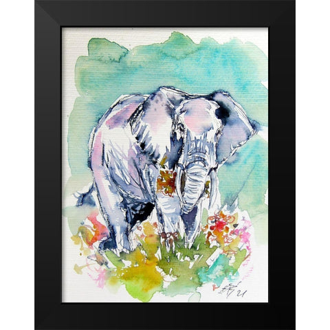 Elephant with Flowers Black Modern Wood Framed Art Print by Kovacs, Anna Brigite