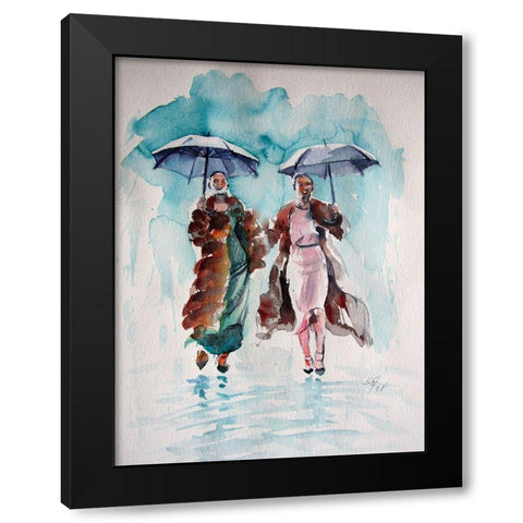Girlfriends in the Rain Black Modern Wood Framed Art Print with Double Matting by Kovacs, Anna Brigite