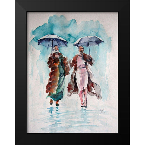 Girlfriends in the Rain Black Modern Wood Framed Art Print by Kovacs, Anna Brigite