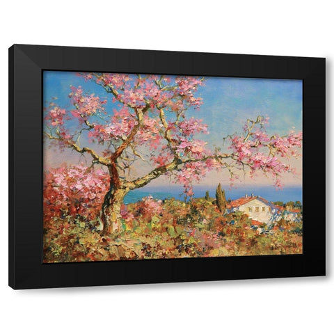 Pink Blossom Tree Black Modern Wood Framed Art Print by Obuchovsky, Yury