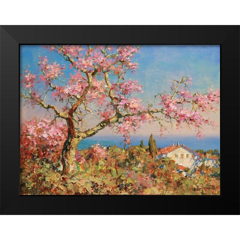 Pink Blossom Tree Black Modern Wood Framed Art Print by Obuchovsky, Yury