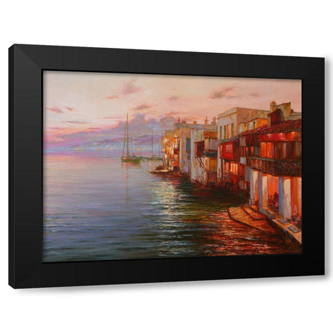 Mikonos. Night Lights Black Modern Wood Framed Art Print with Double Matting by Obuchovsky, Yury