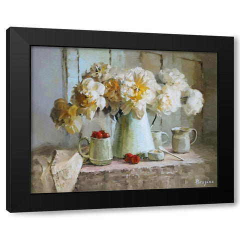Still Life with White Peonies Black Modern Wood Framed Art Print with Double Matting by Rogozina, Svetlana